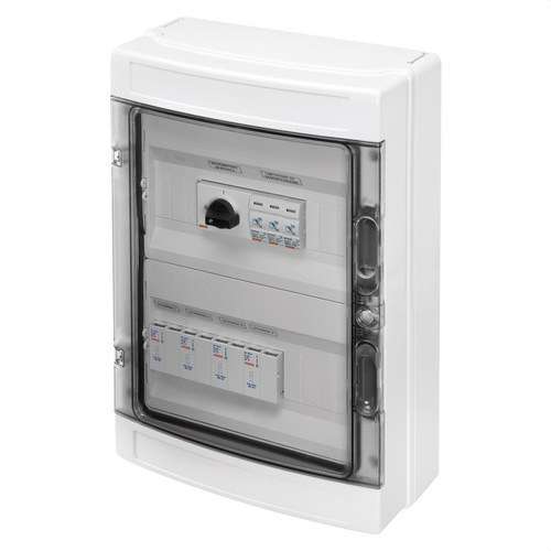Forindkoblingsboks med 2 strenge forudkablet 1000V DC 32A 2x12 moduler med reference GWD9908 fra mærket GEWISS